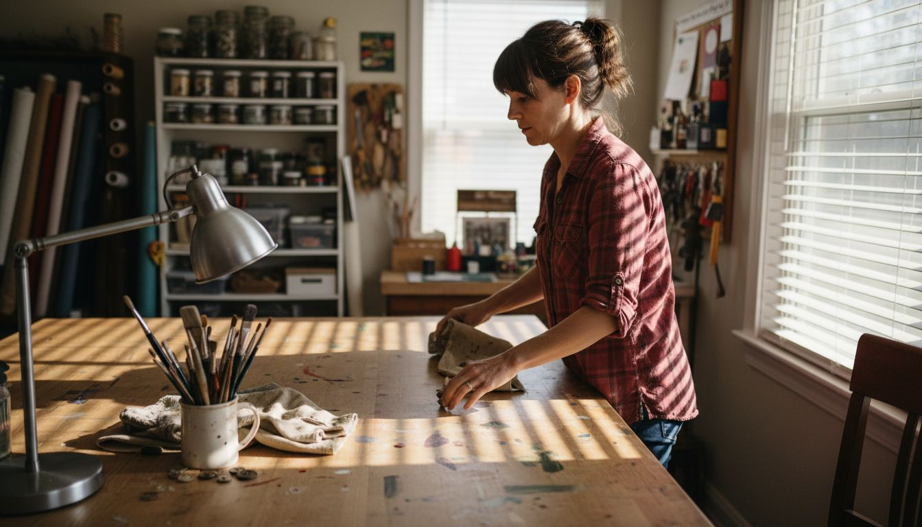 Woman preparing workspace for jacket customization