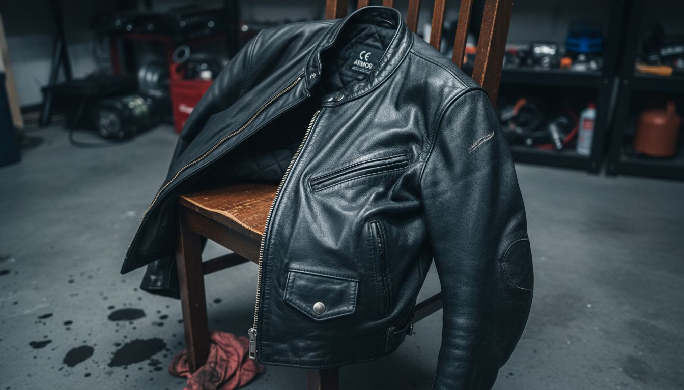 Cowhide leather jacket closeup in garage