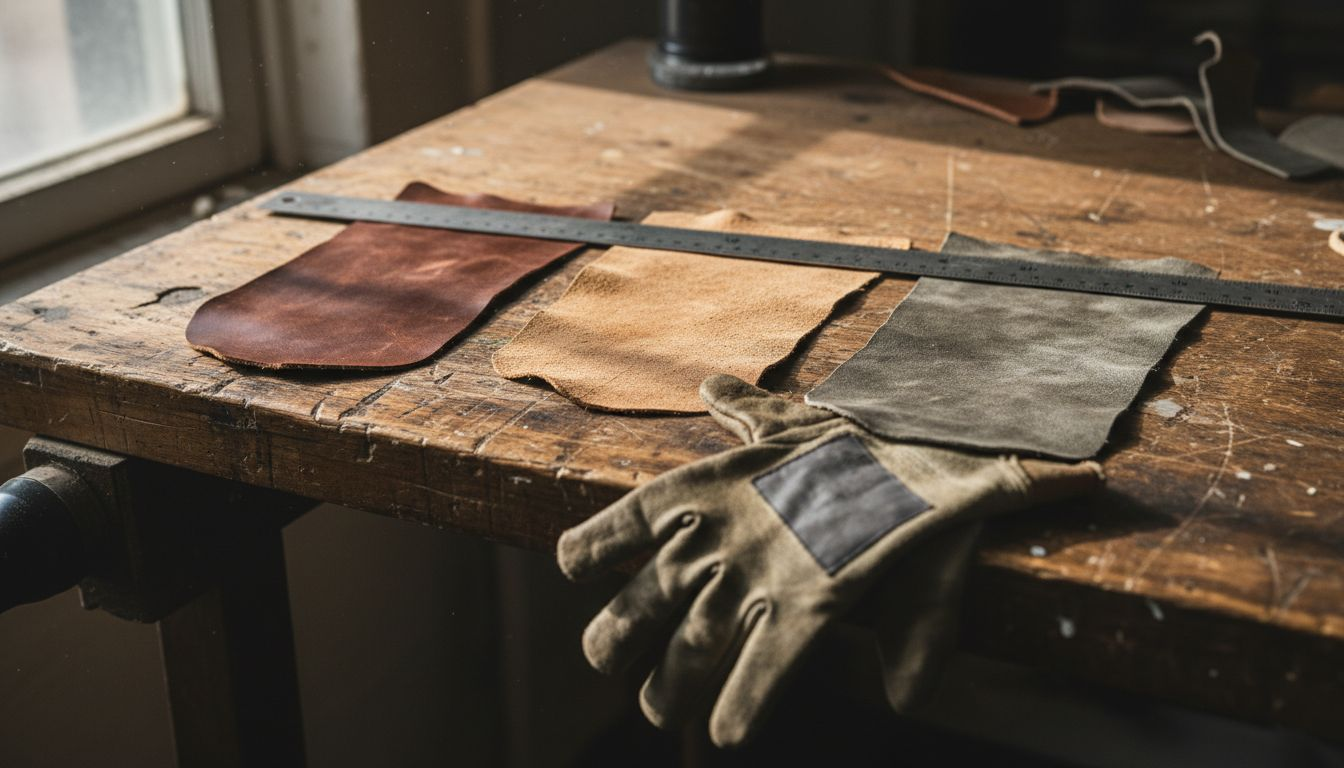 Distressed leather swatches on workbench