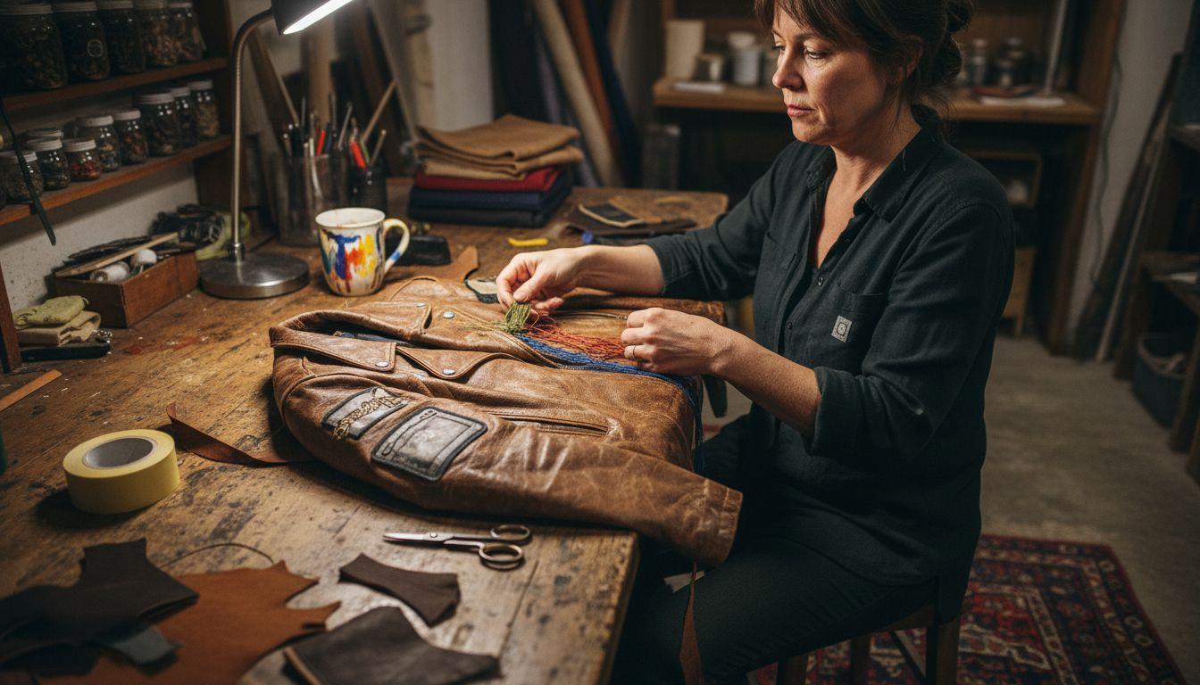Craftsperson evaluates motorcycle jacket materials
