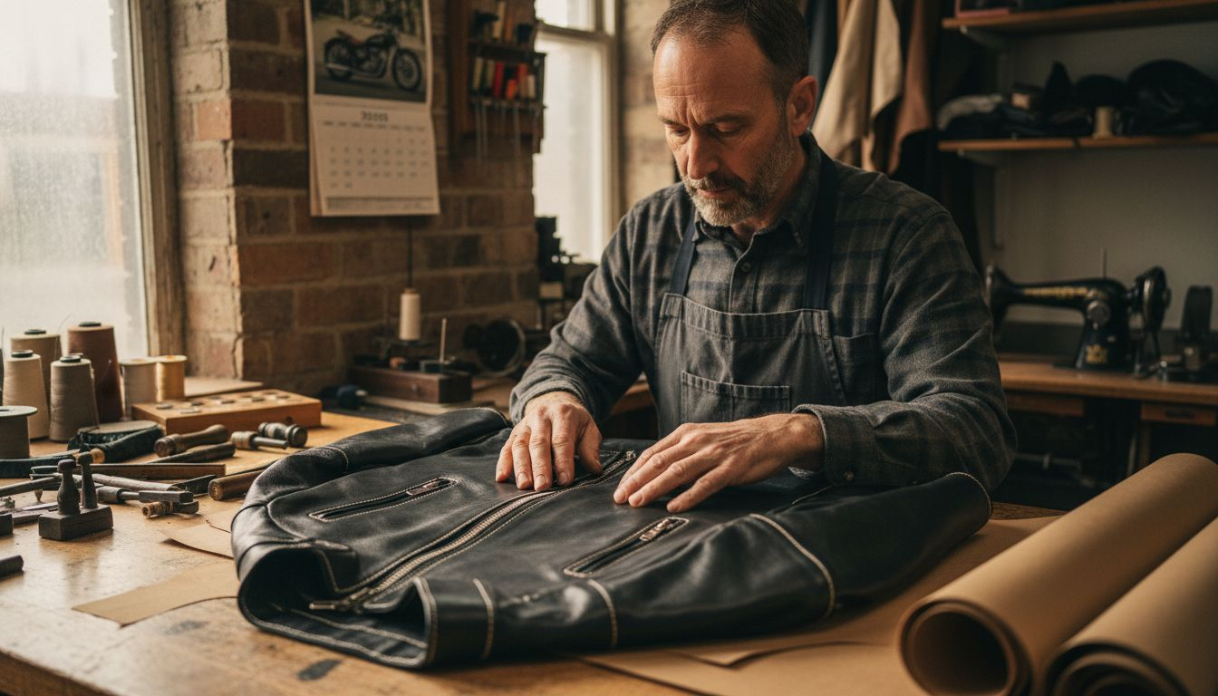 Tailor inspecting moto jacket construction features