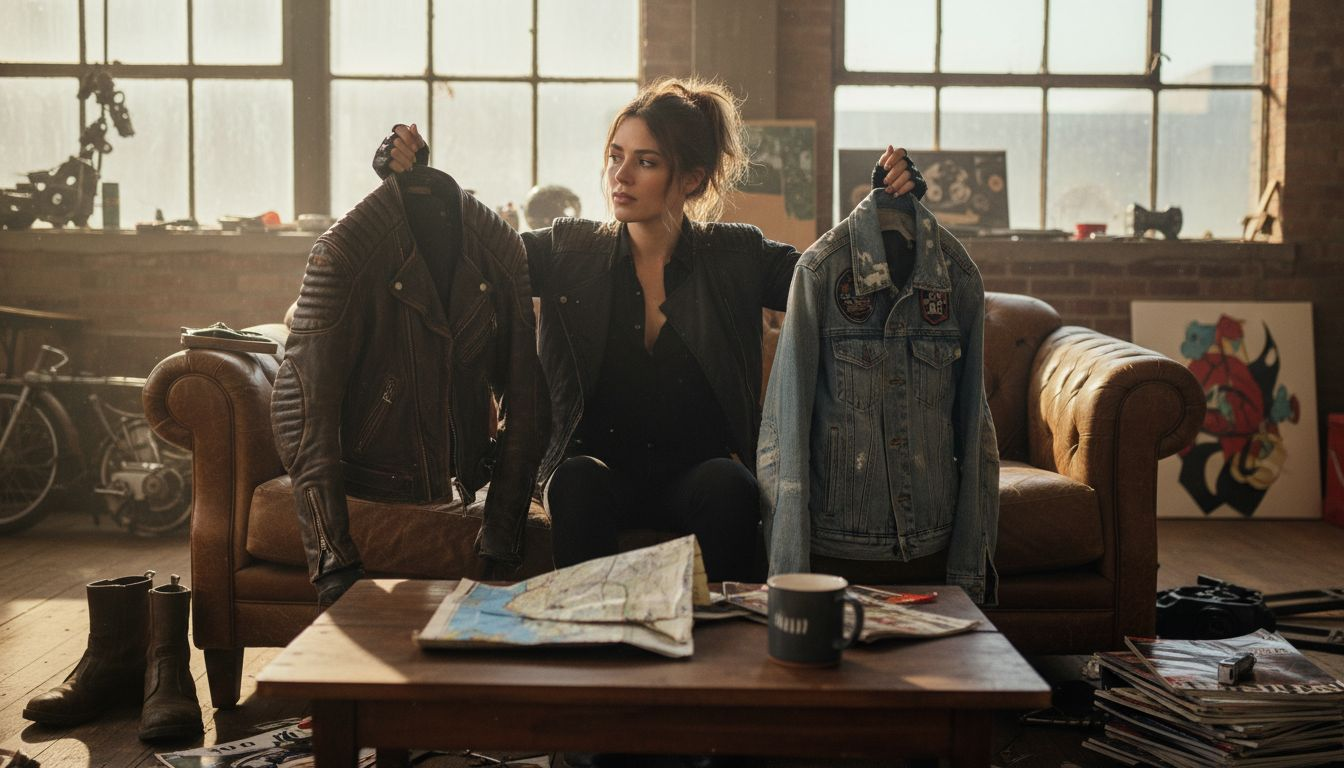Woman comparing biker jackets in loft