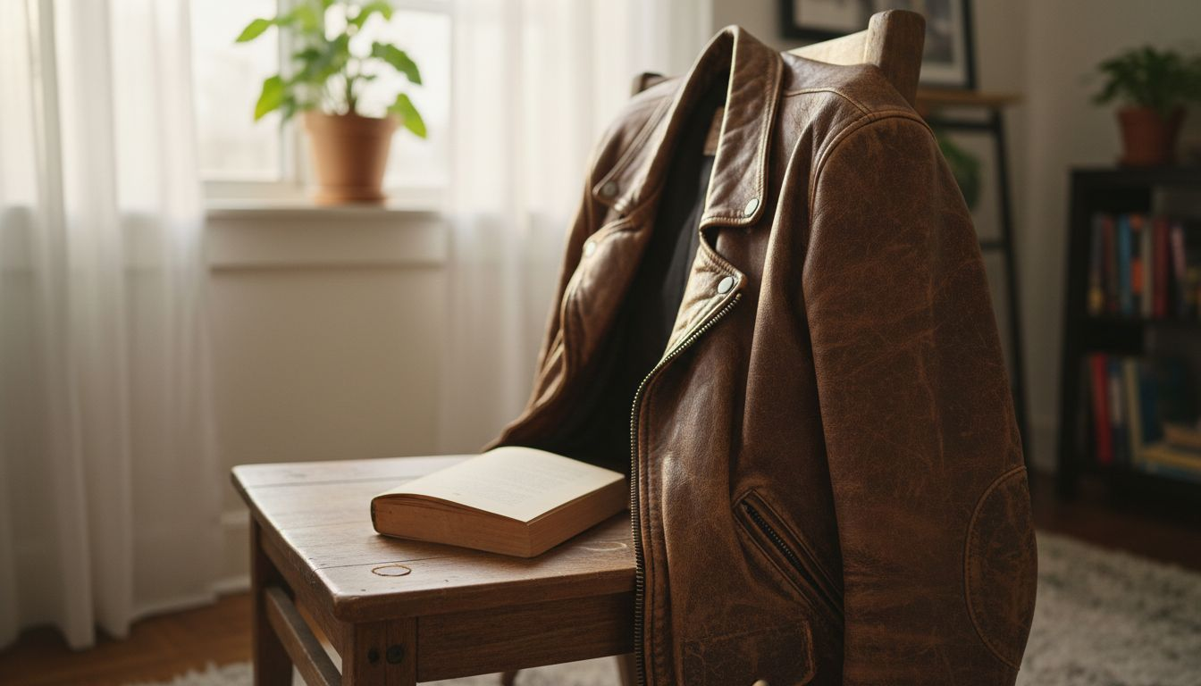 Close-up of vintage leather jacket on chair