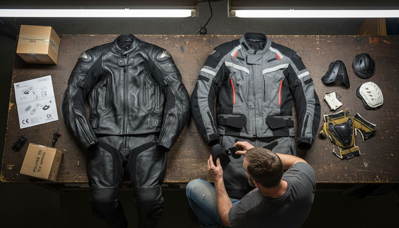 Closeup showing motorcycle suit materials and armor