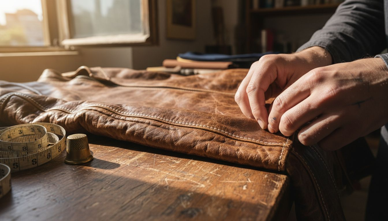 Close-up of stitching on leather jacket