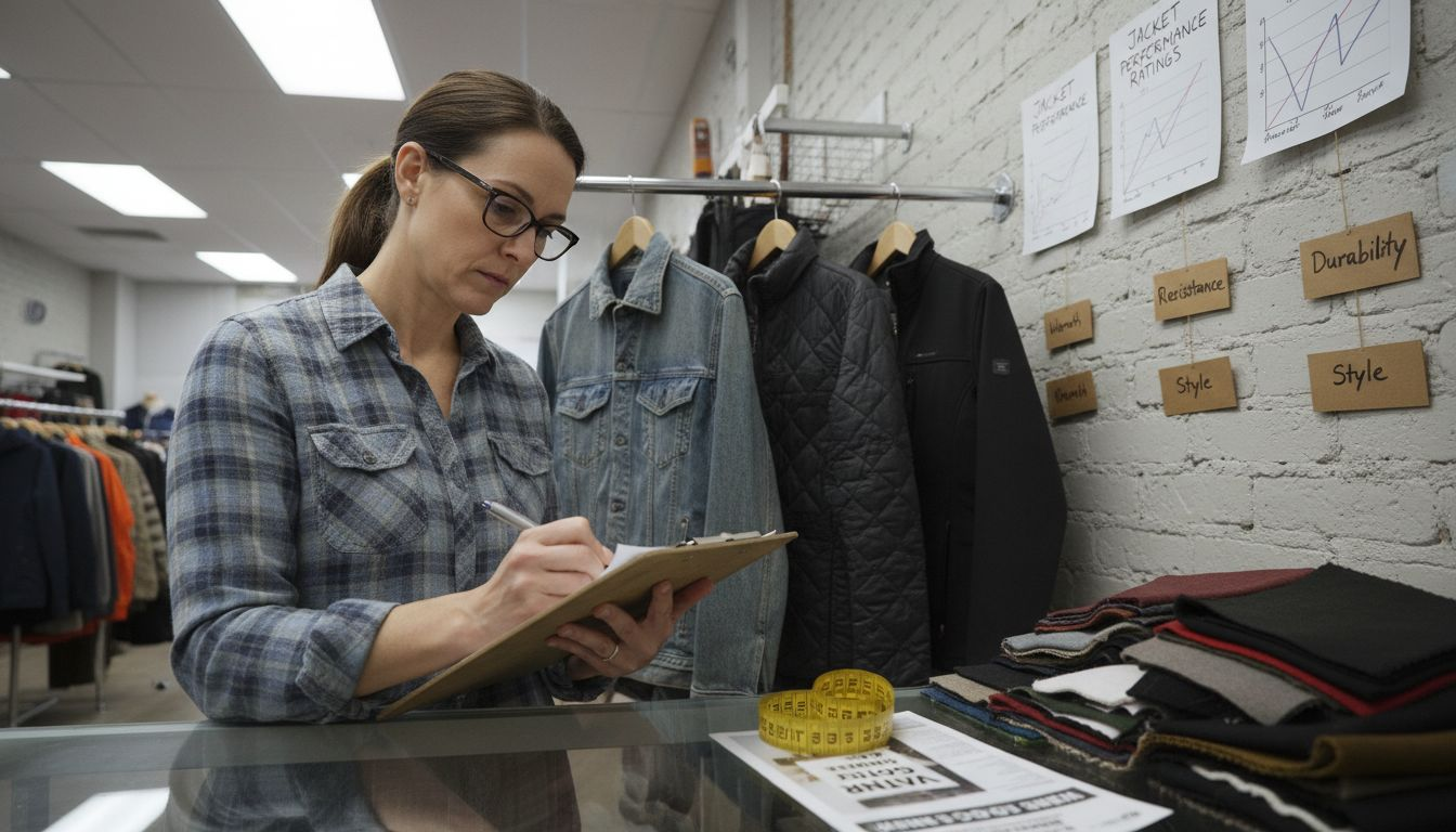 Clothing expert reviews jackets in store