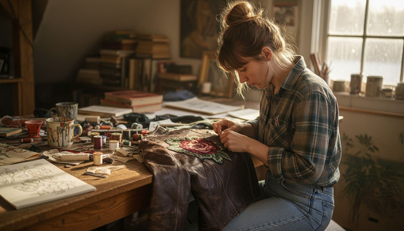 Woman customizing vintage jacket in attic studio