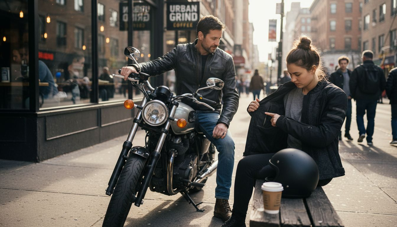 Leather and textile motorcycle jackets in use