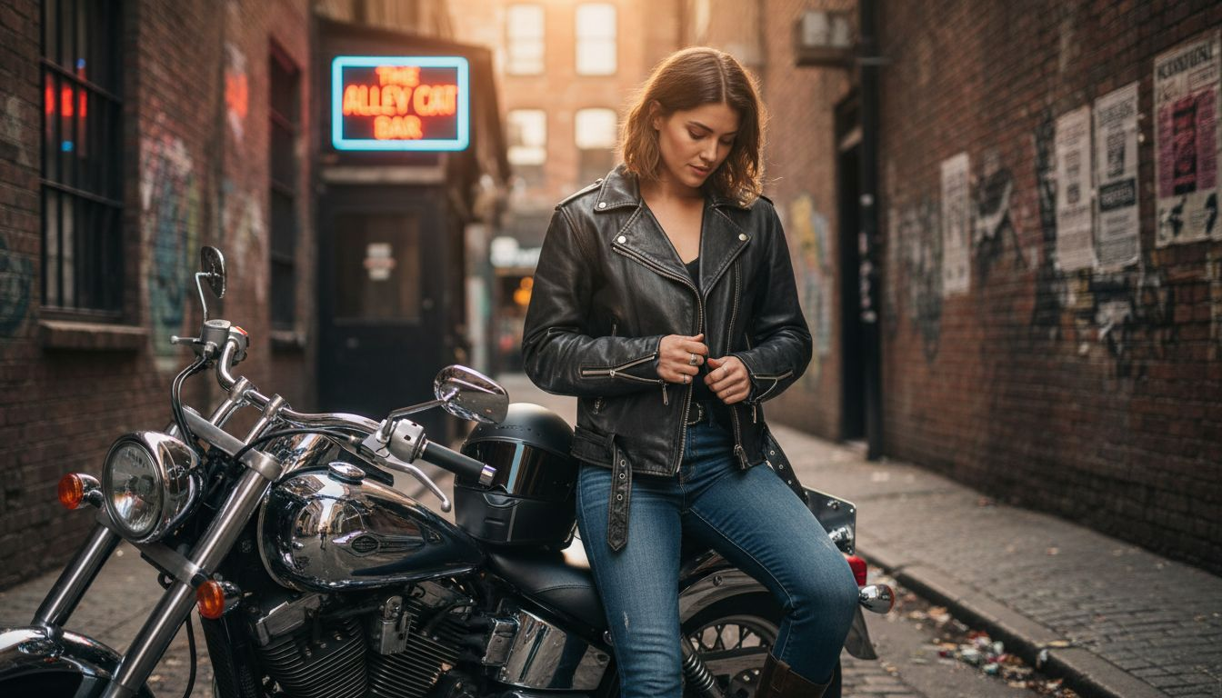 Woman adjusting zipper on biker jacket