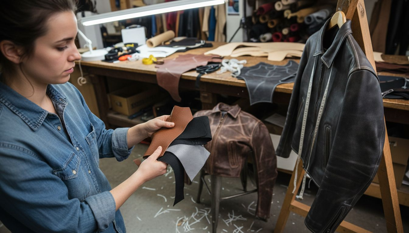 Woman comparing jacket material swatches