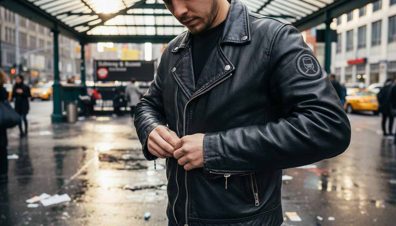 Closeup of leather jacket on commuter