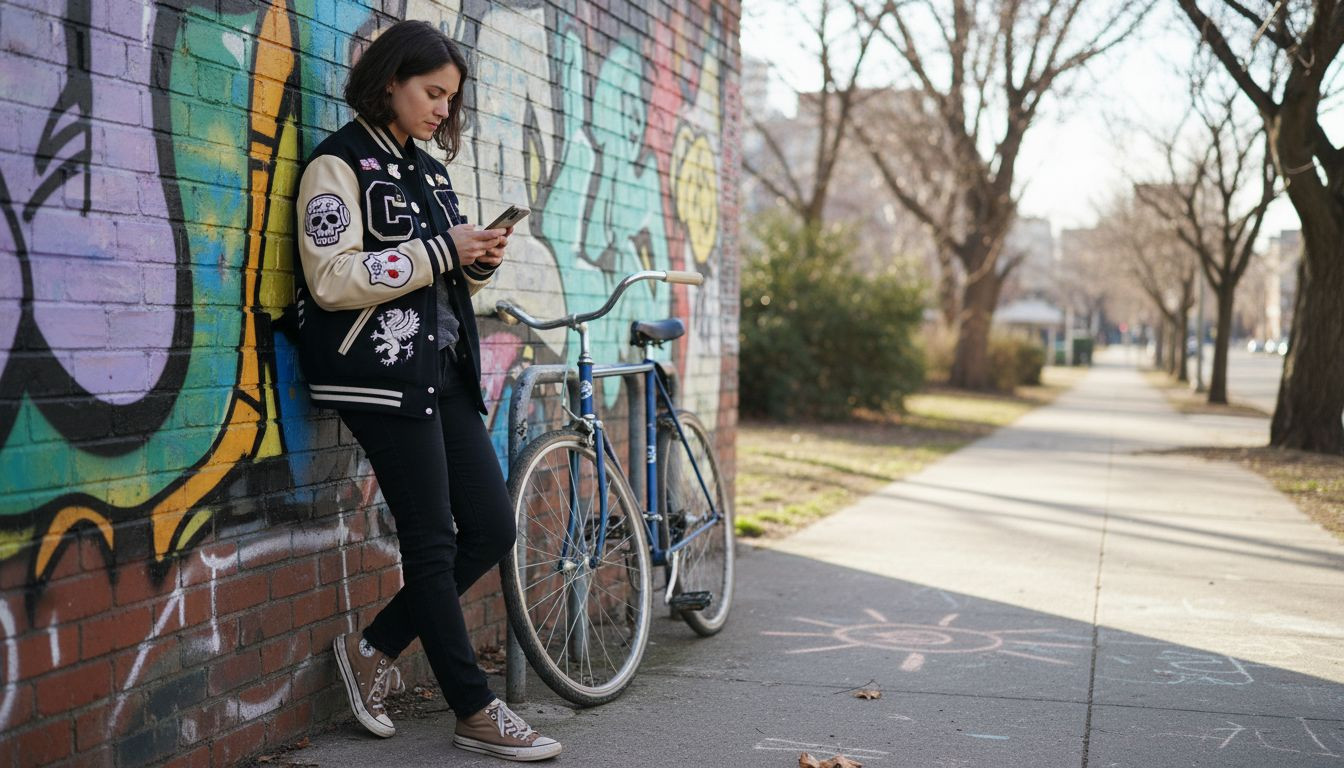 Modern varsity jacket details on young woman outdoors
