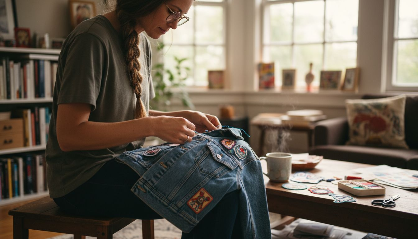 Woman arranging patches on denim jacket