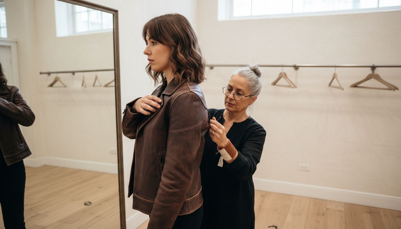 Woman fitting custom leather jacket with tailor