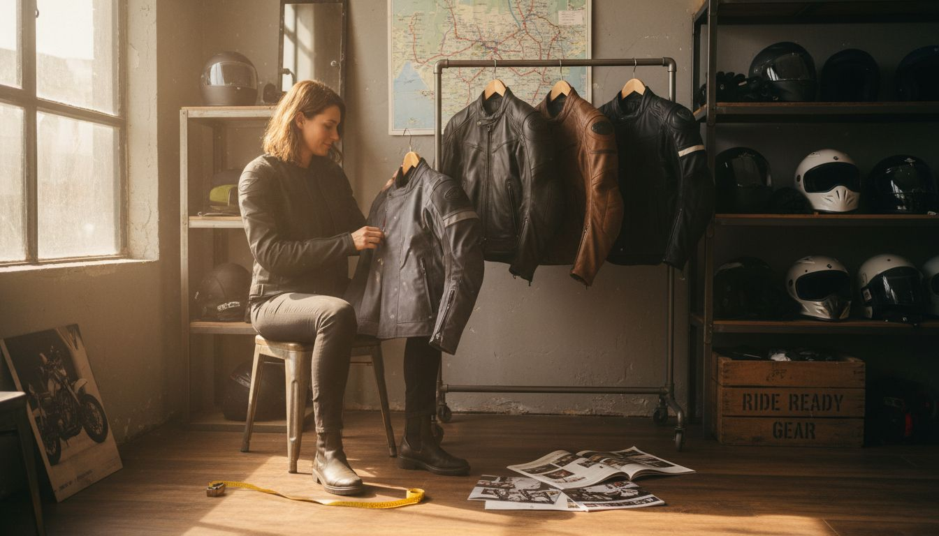 Woman choosing motorcycle jacket style in shop