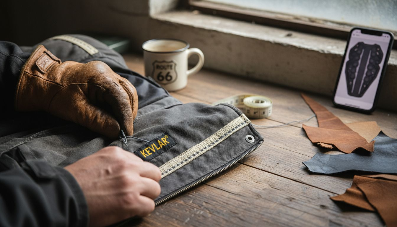 Inspecting Kevlar-lined leather motorcycle jacket