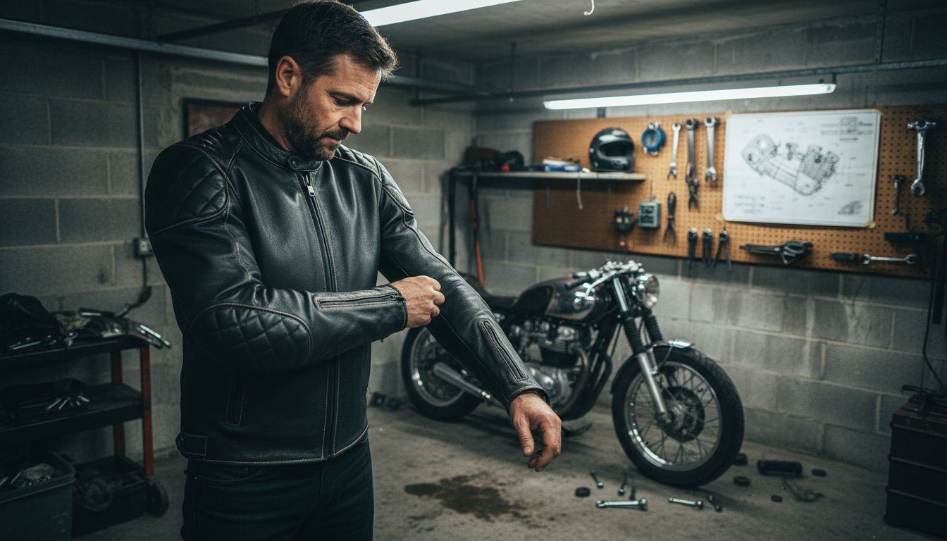 Motorcyclist fitting custom leather jacket