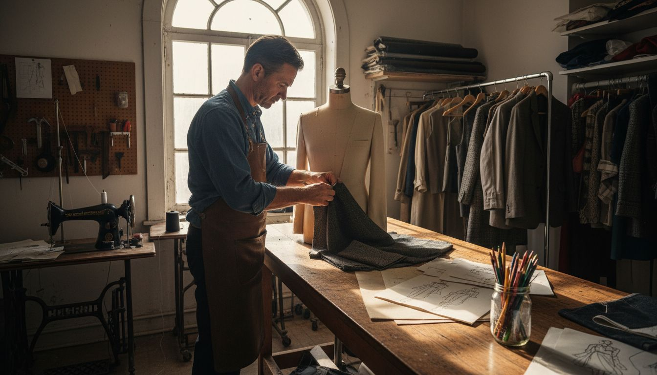 Tailor customizing jacket in workshop