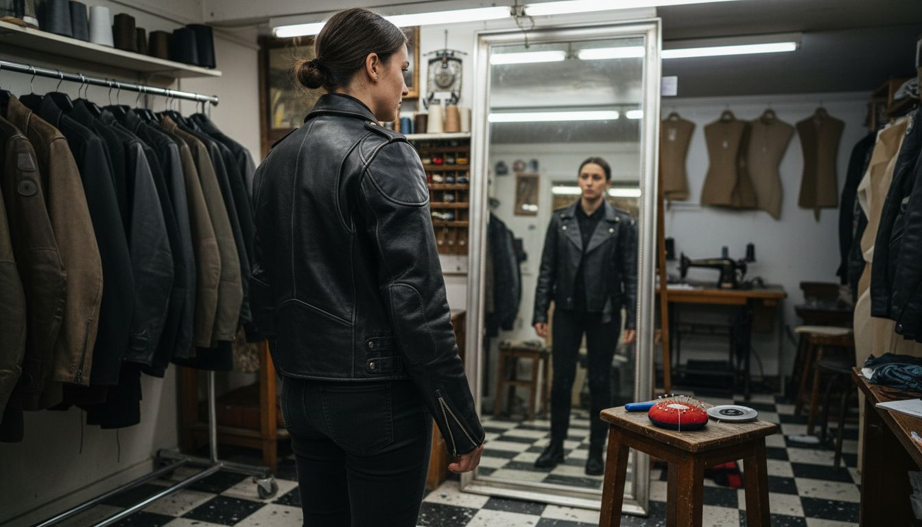 Woman checking fit of custom jacket in mirror