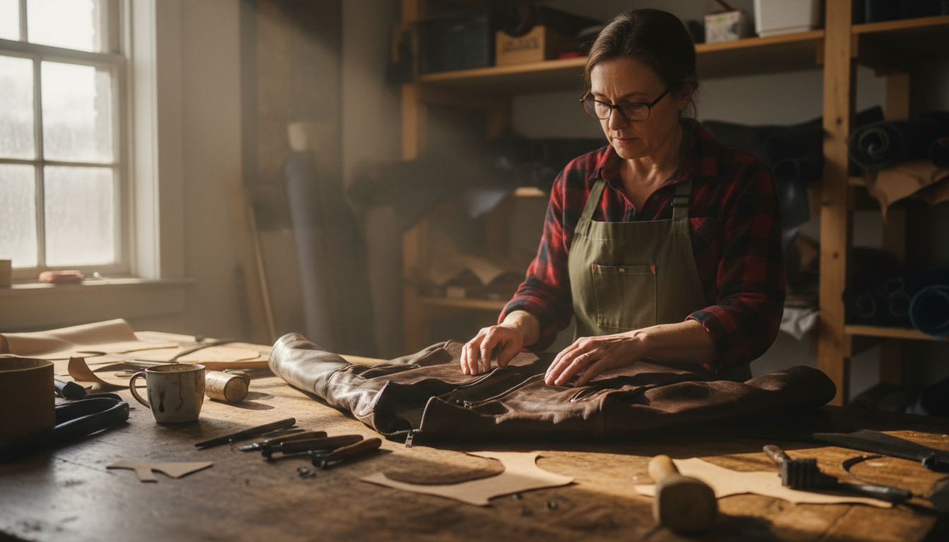 Craftswoman making leather motorcycle jacket workshop