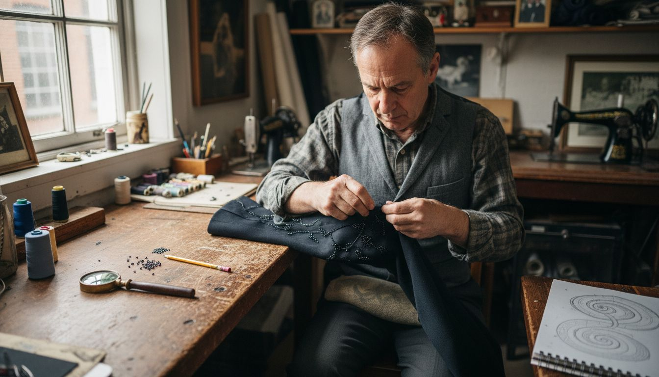 Tailor adding beads to jacket sleeve