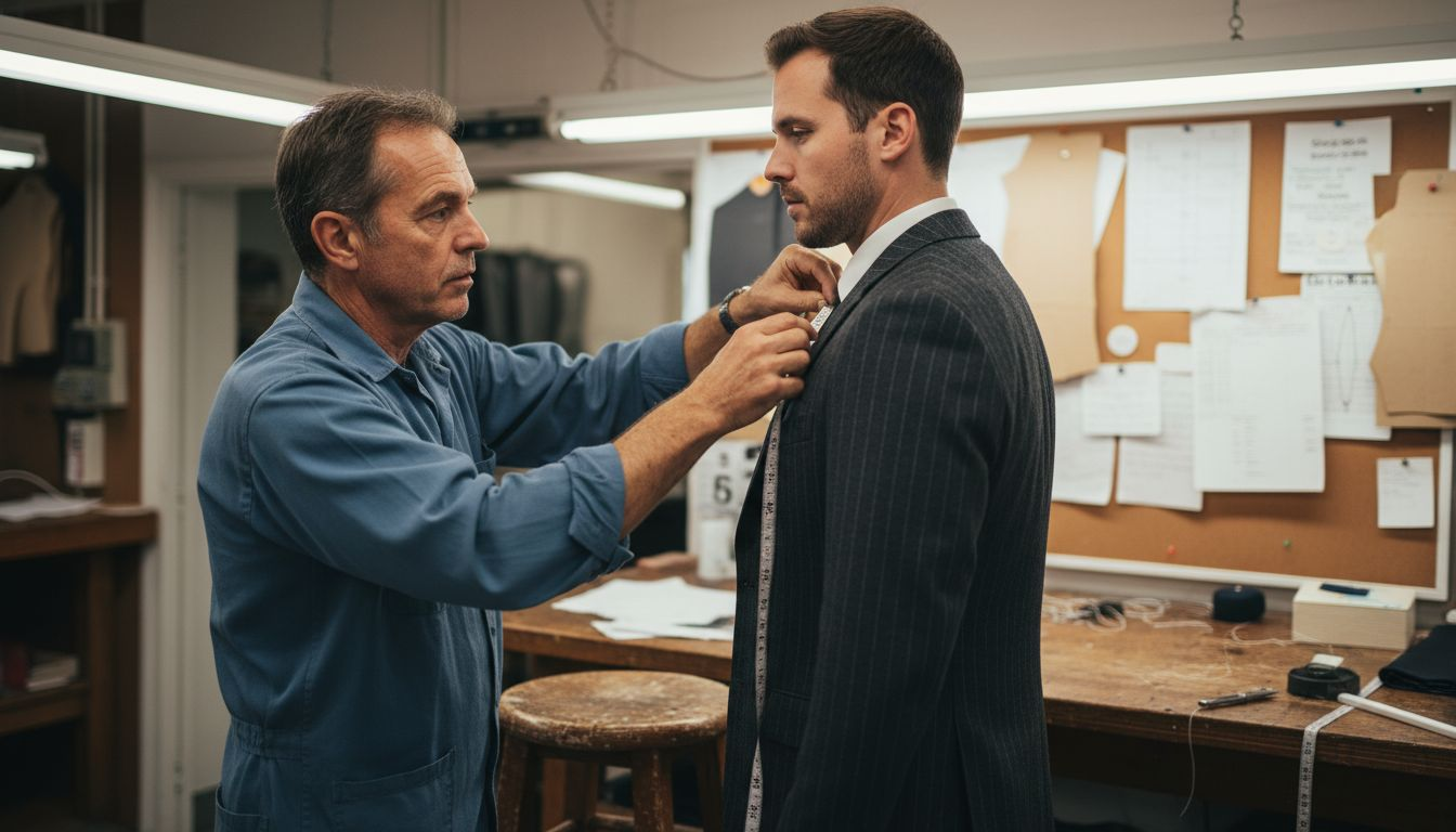 Tailor measuring shoulder width of jacket