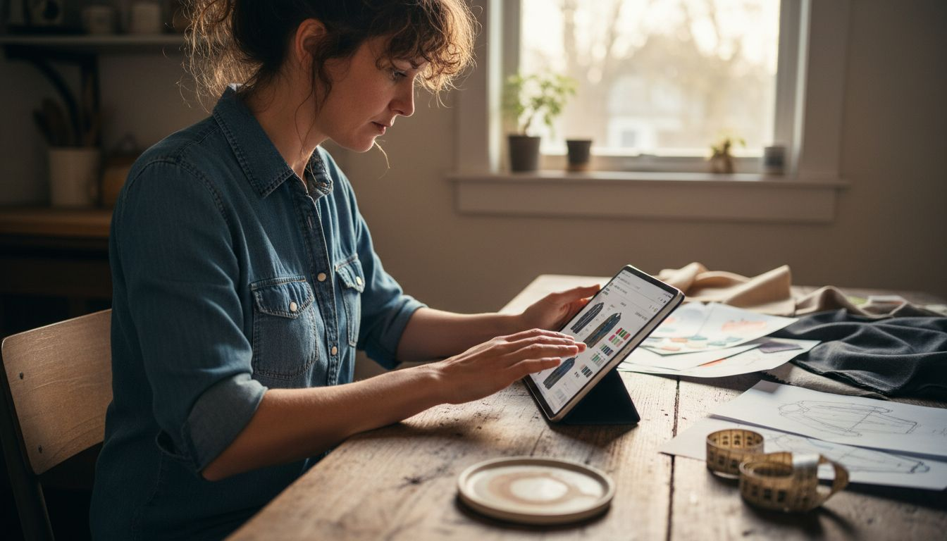Woman customizing jacket features on tablet