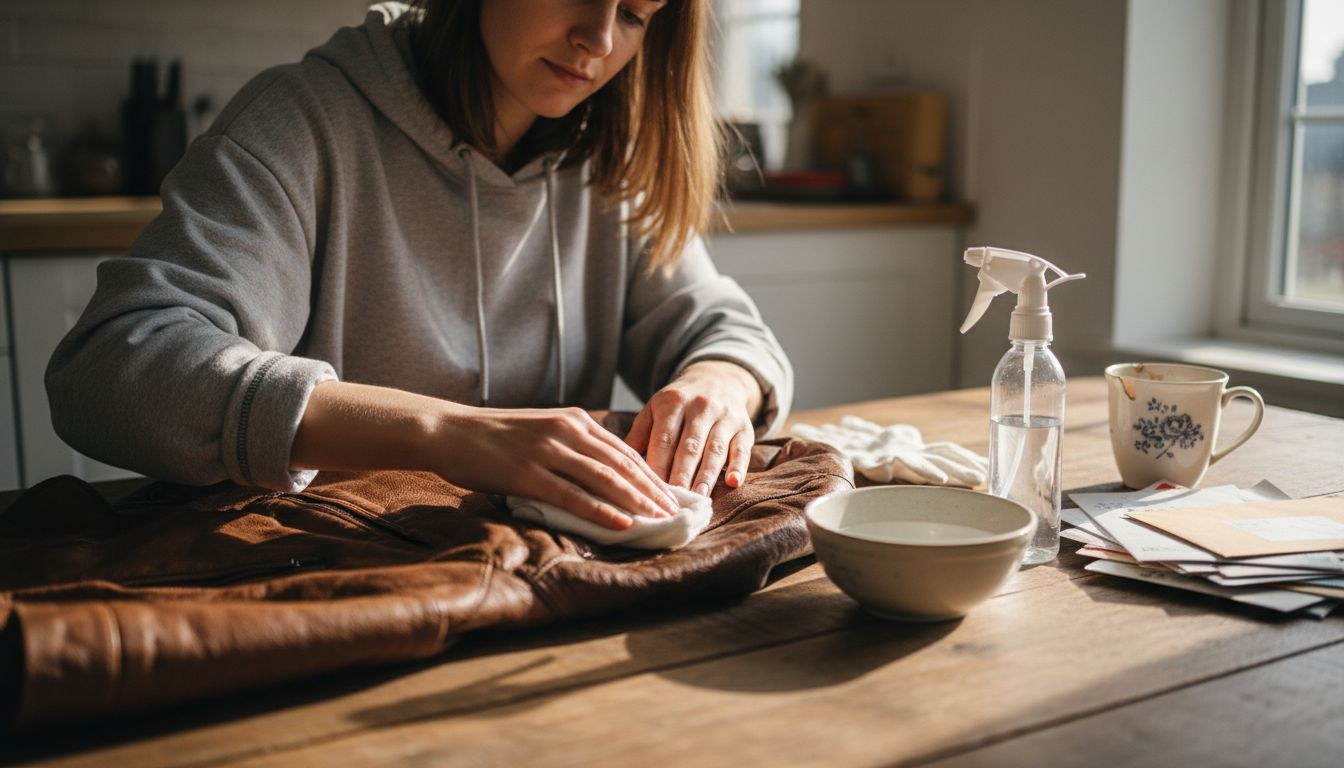 Woman gently cleaning brown leather jacket