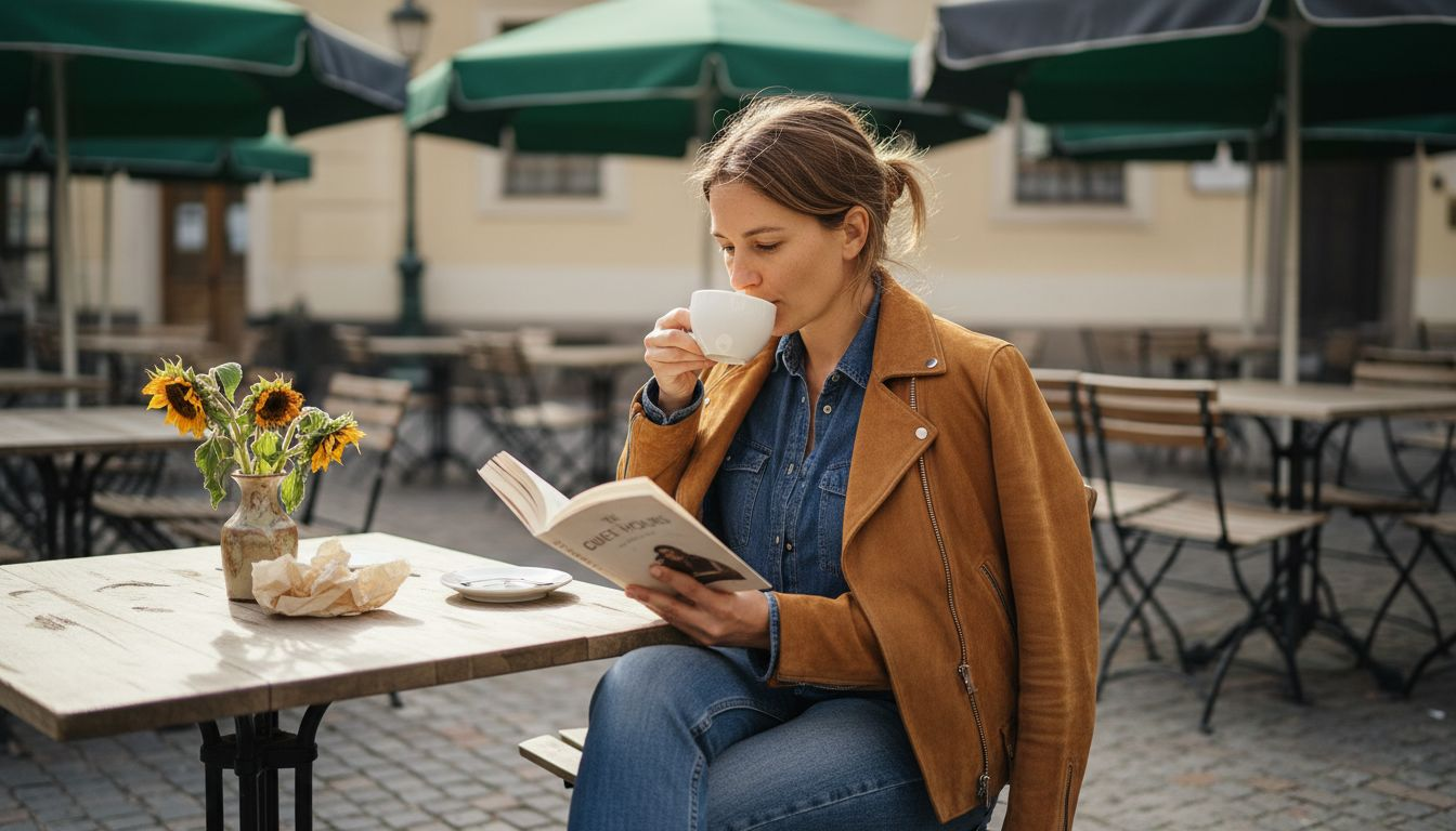 Woman reading in camel suede jacket at café