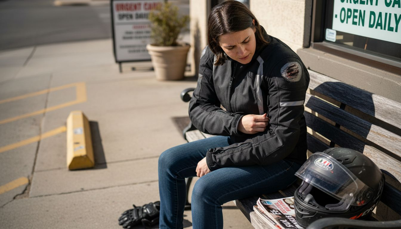 Motorcycle crash survivor inspects protective jacket