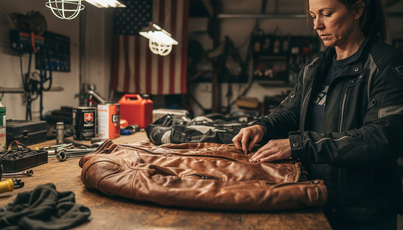Close-up of durable leather and textile jacket materials