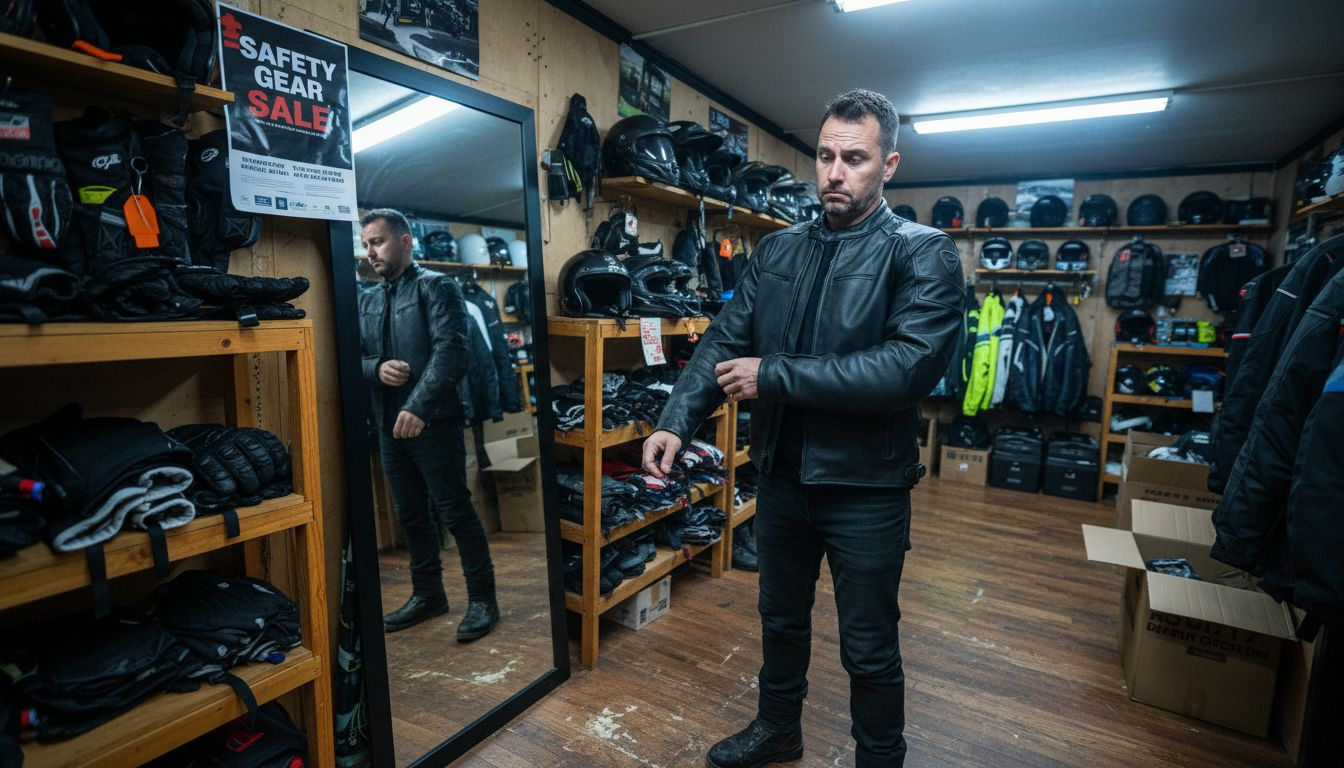 Man fitting leather motorcycle jacket in shop