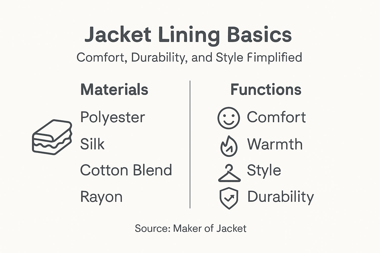 Infographic showing jacket lining materials and functions