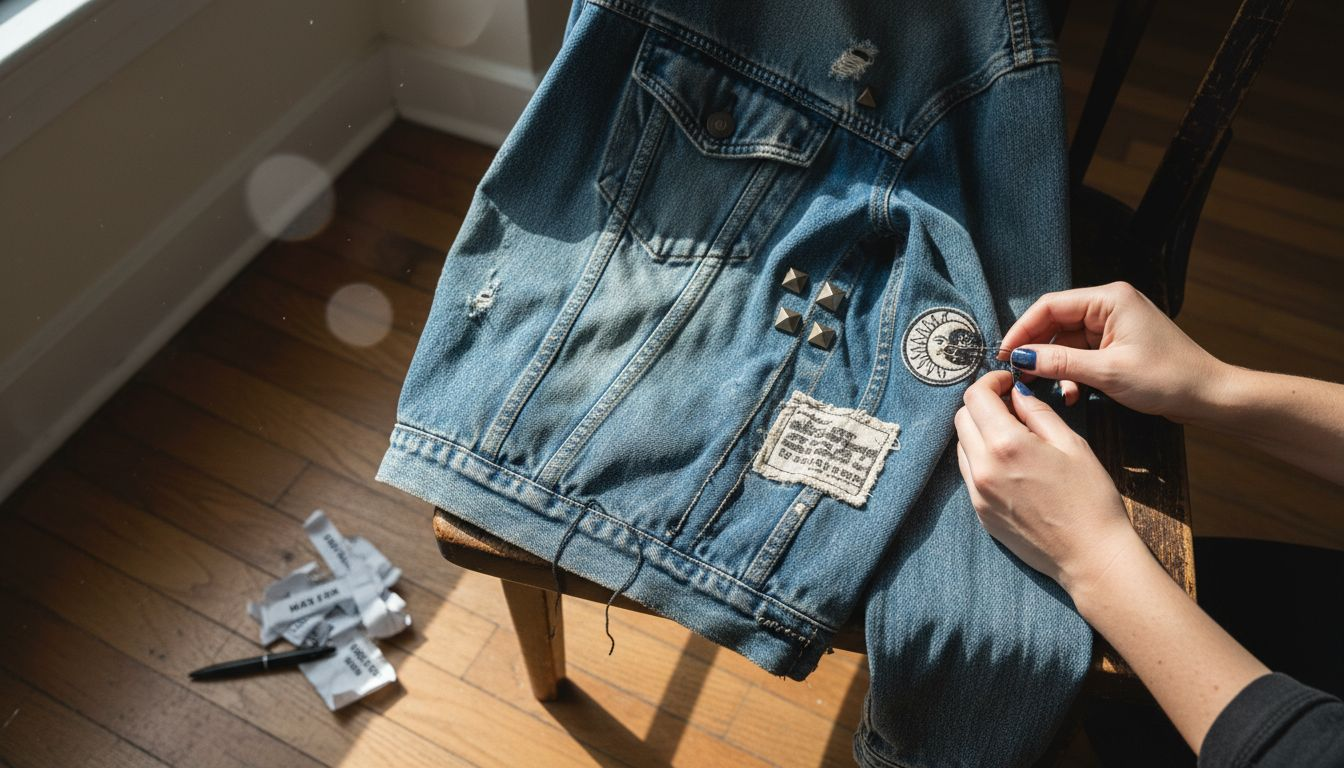 Close-up of hands customizing denim jacket