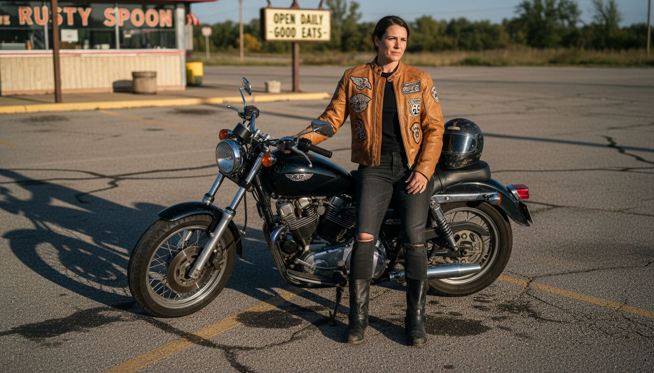 Woman in bomber jacket with motorcycle