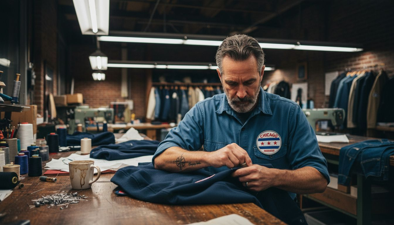 Tailor customizing bomber jacket with patches