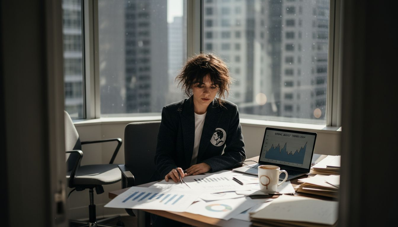 Fashion analyst reviewing jacket sales charts