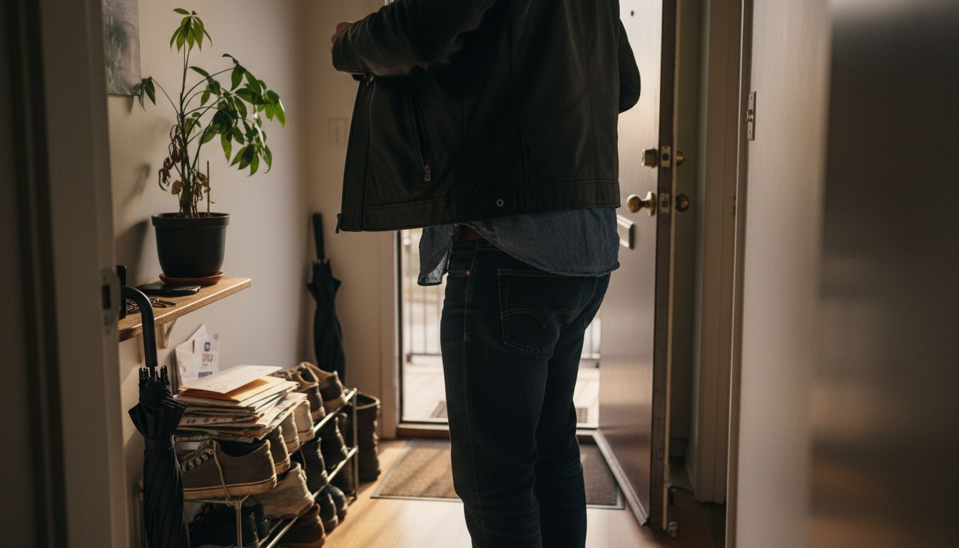Man putting on black leather jacket at home