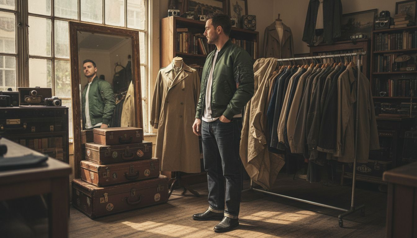 Man trying slim fit MA-1 bomber jacket in shop