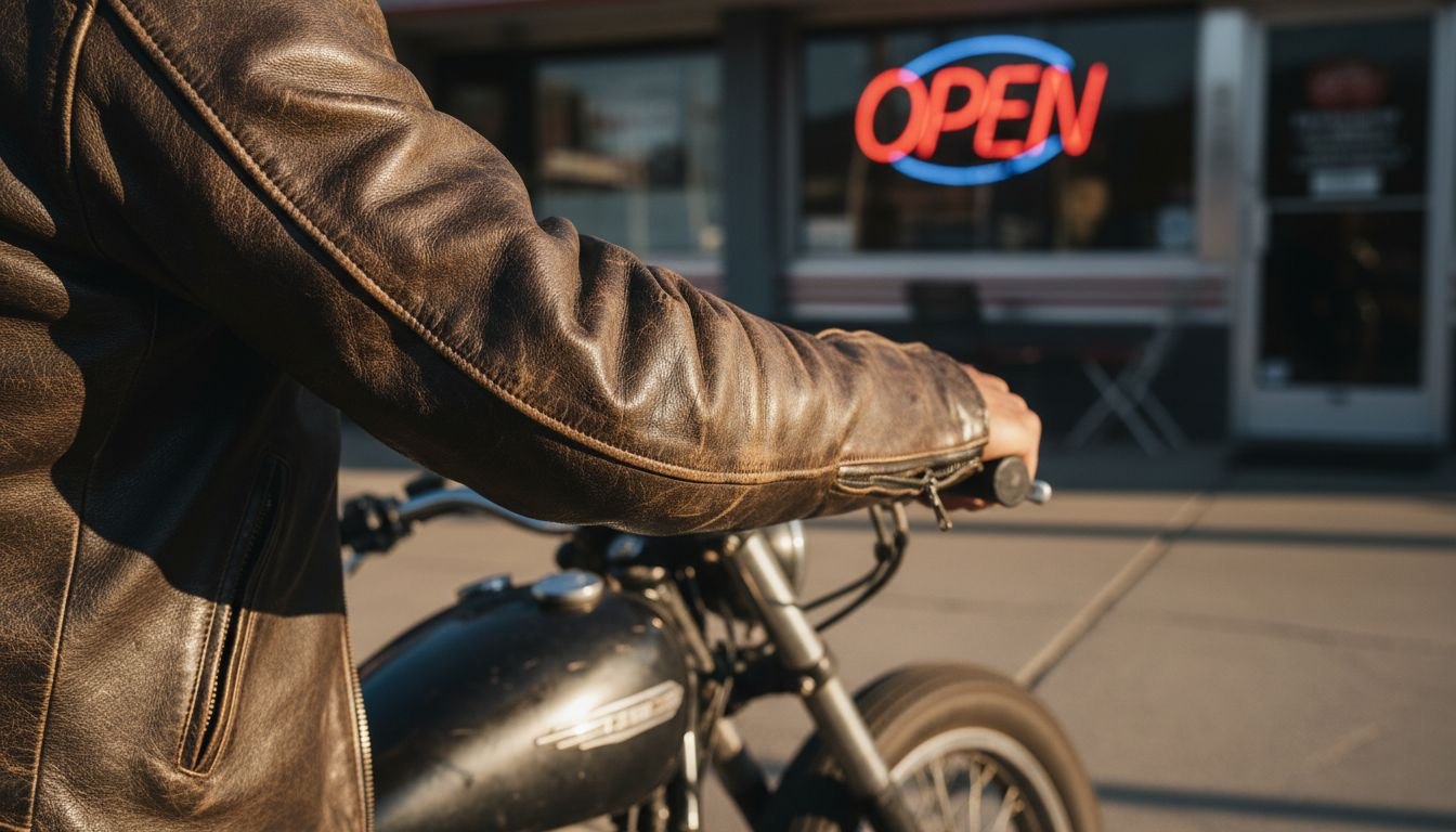 Closeup real leather jacket sleeve with patina