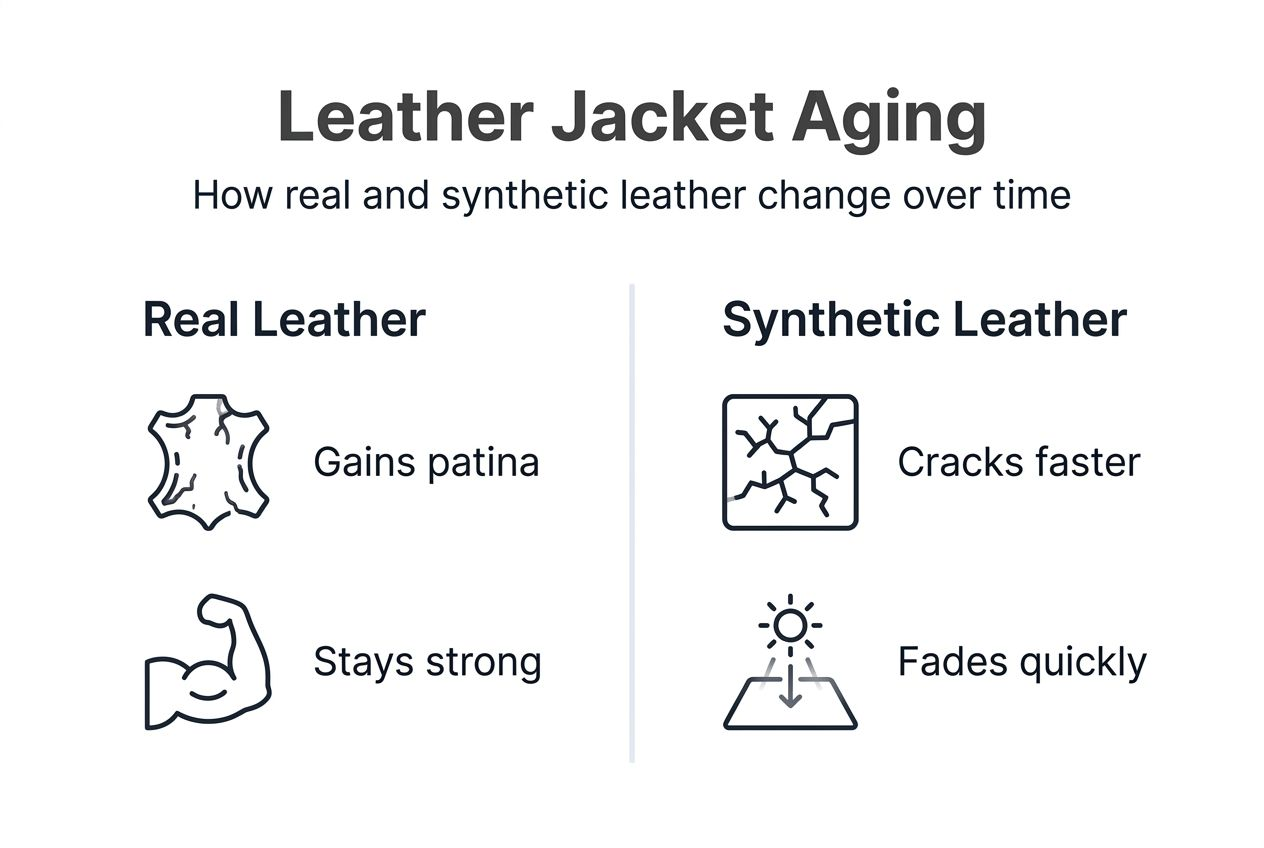 Infographic comparing aging of real and synthetic leather