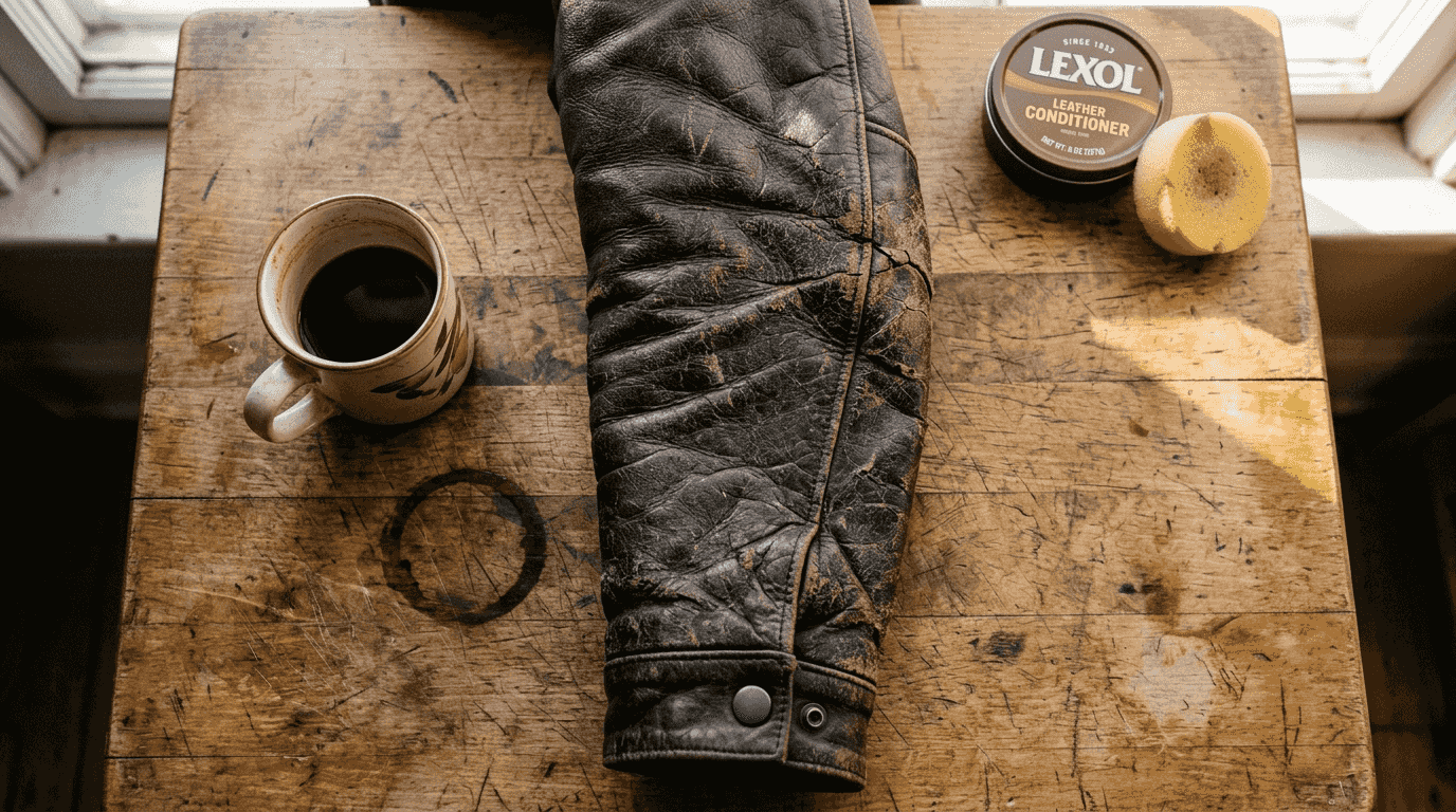 Close up of cracked leather jacket sleeve