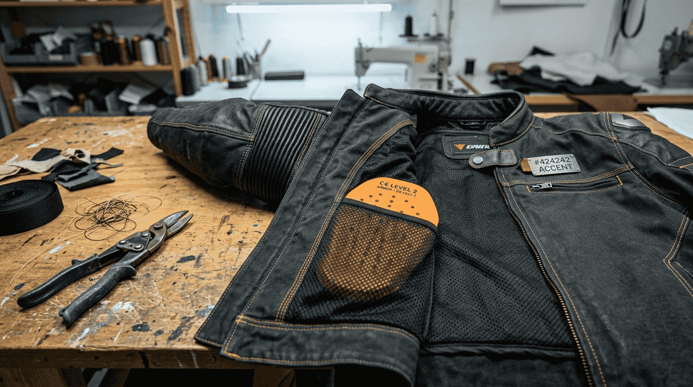 Close-up of jacket’s safety construction details