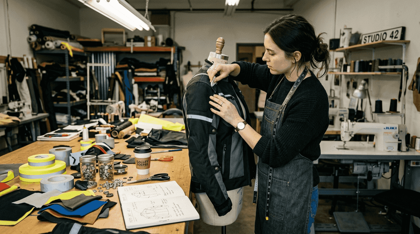 Designer customizing motorcycle jacket in busy studio