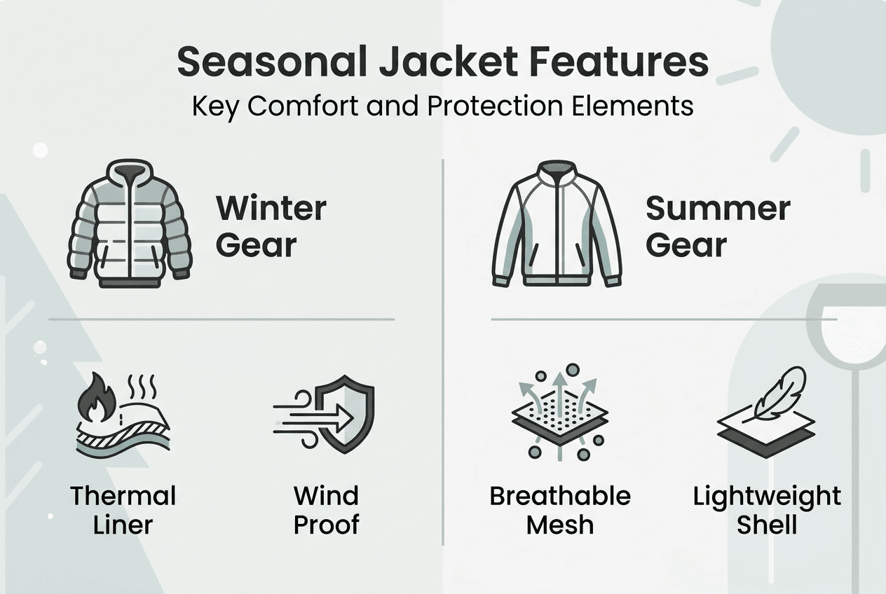 Infographic comparing seasonal jacket winter and summer features