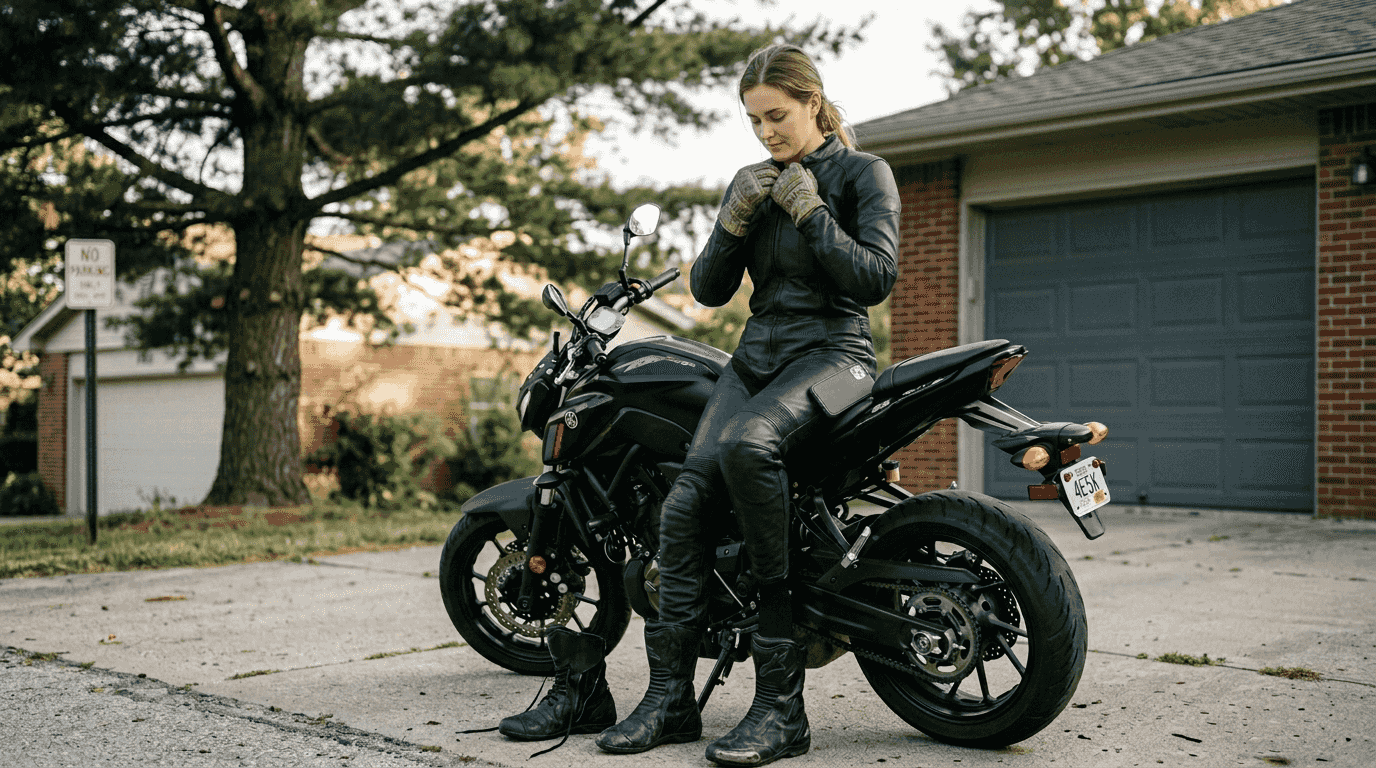 Rider breaking in new leather suit outdoors