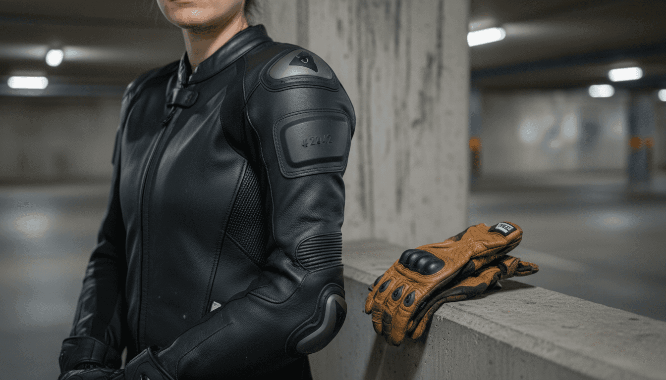 Closeup of articulated armor in motorcycle suit