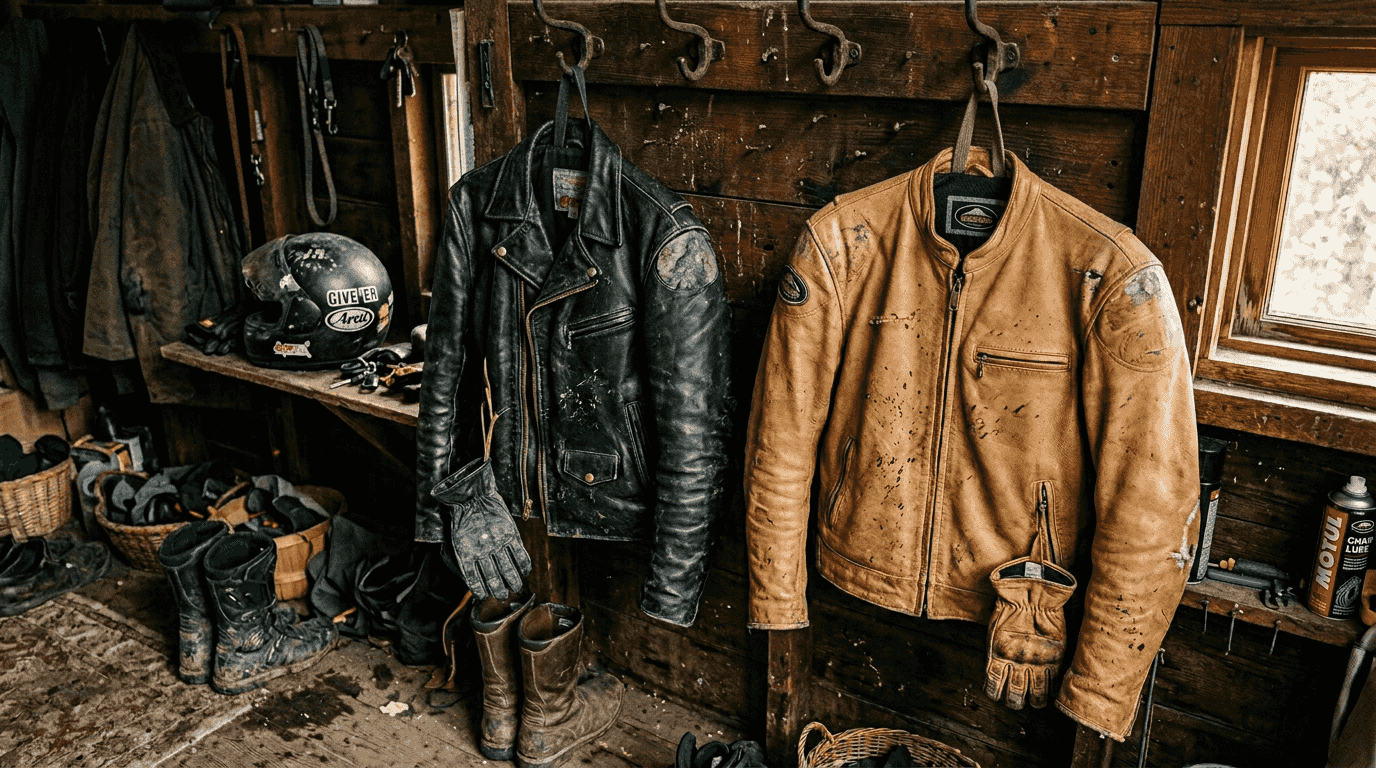 Two worn leather motorcycle jackets side by side