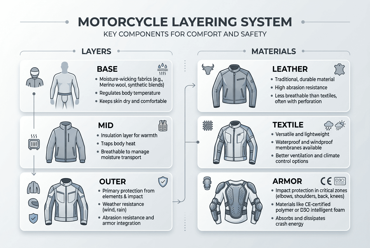 Infographic of motorcycle layering and materials