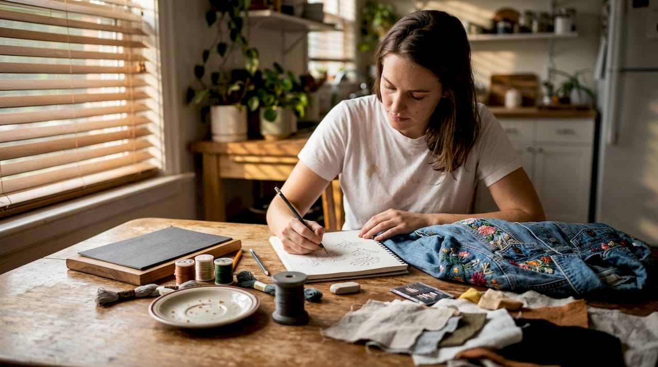 Woman designing custom jacket at table